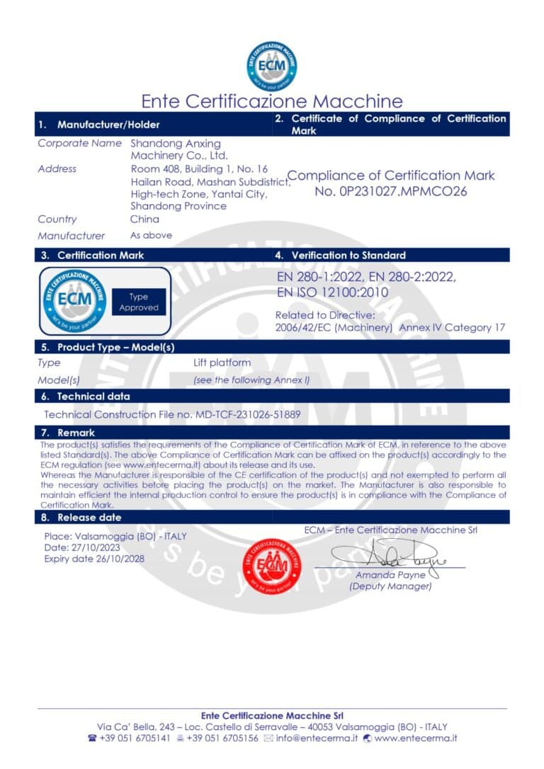 Certificado CE de plataformas elevadoras