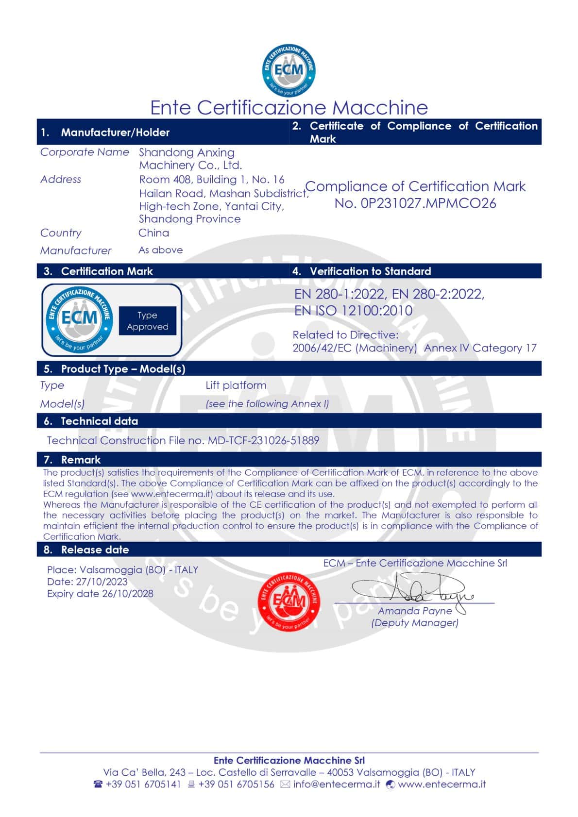 Certificado CE para plataformas elevadoras