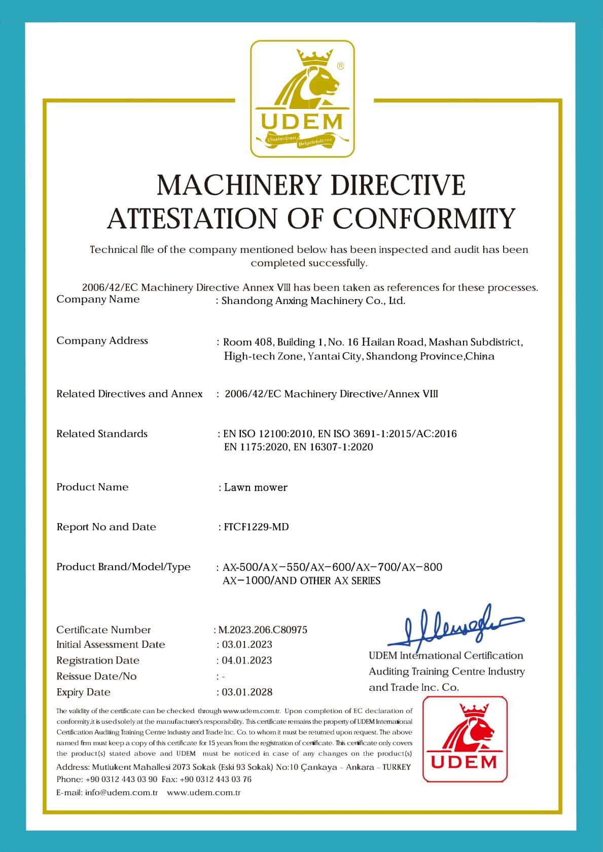 Certificado CE de la cortadora de césped Anxing