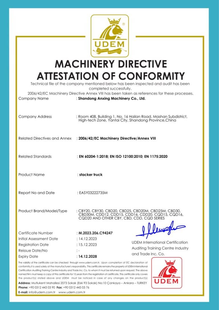 CE Electric Stacker Certificate