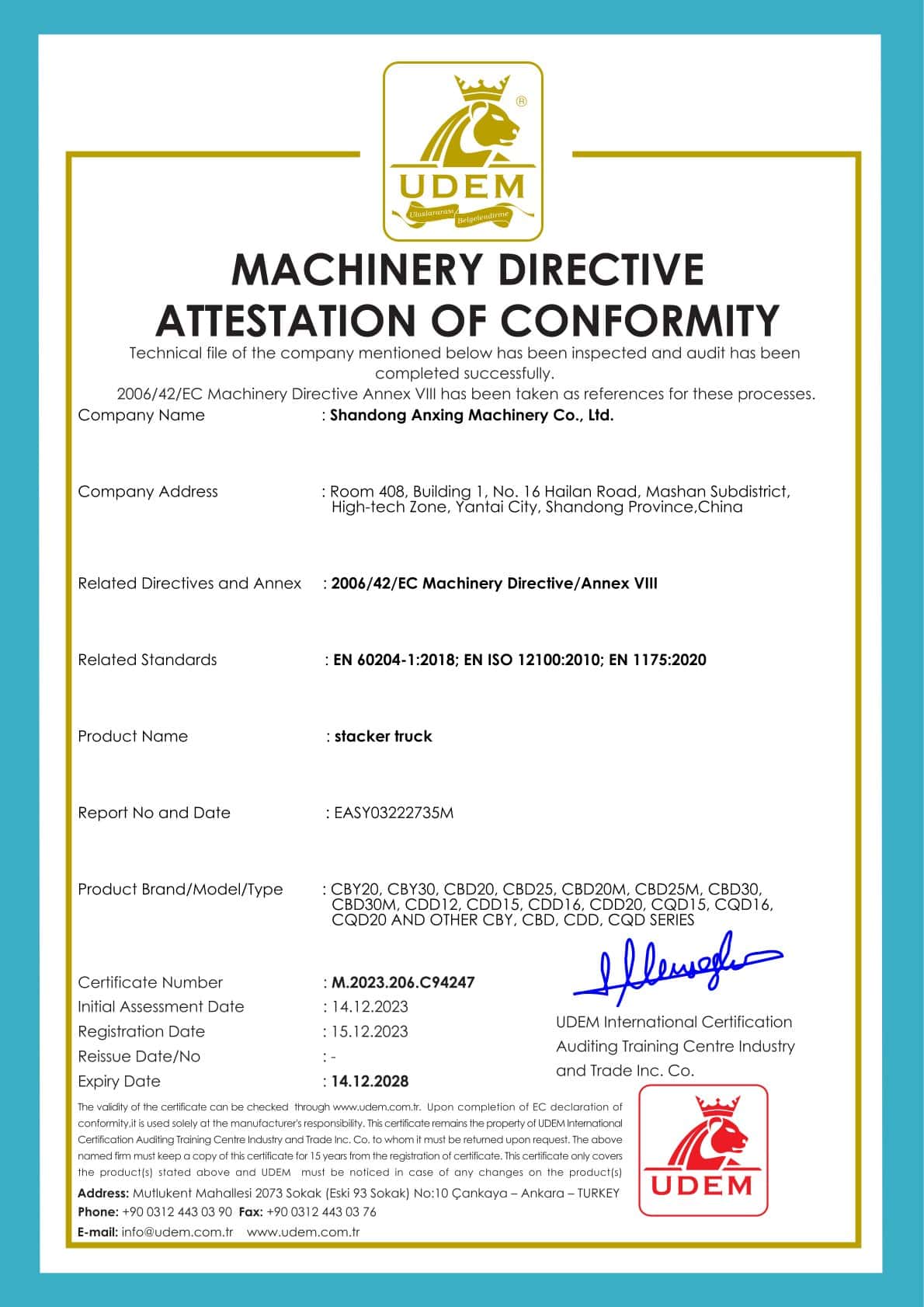Certificado CE para apilador eléctrico