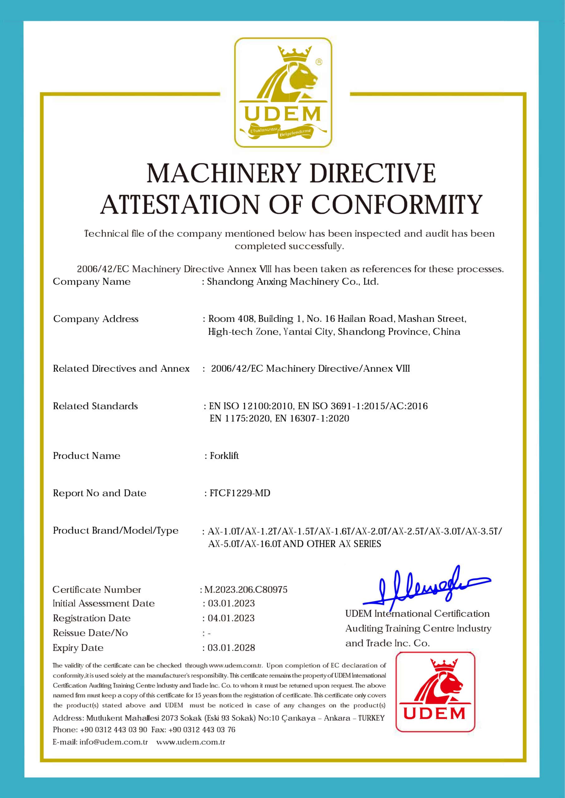Certificado de la directiva sobre carretillas elevadoras expedido por la UDEM