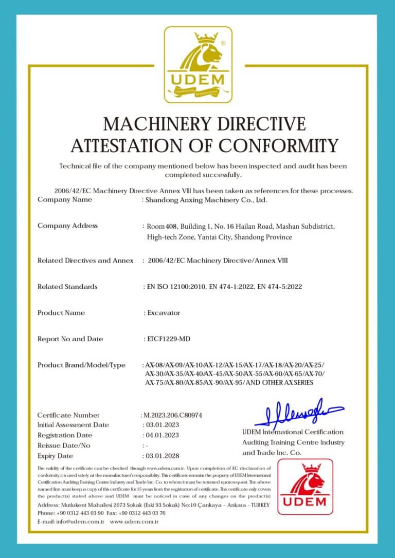 CE Mini Excavator Certificate