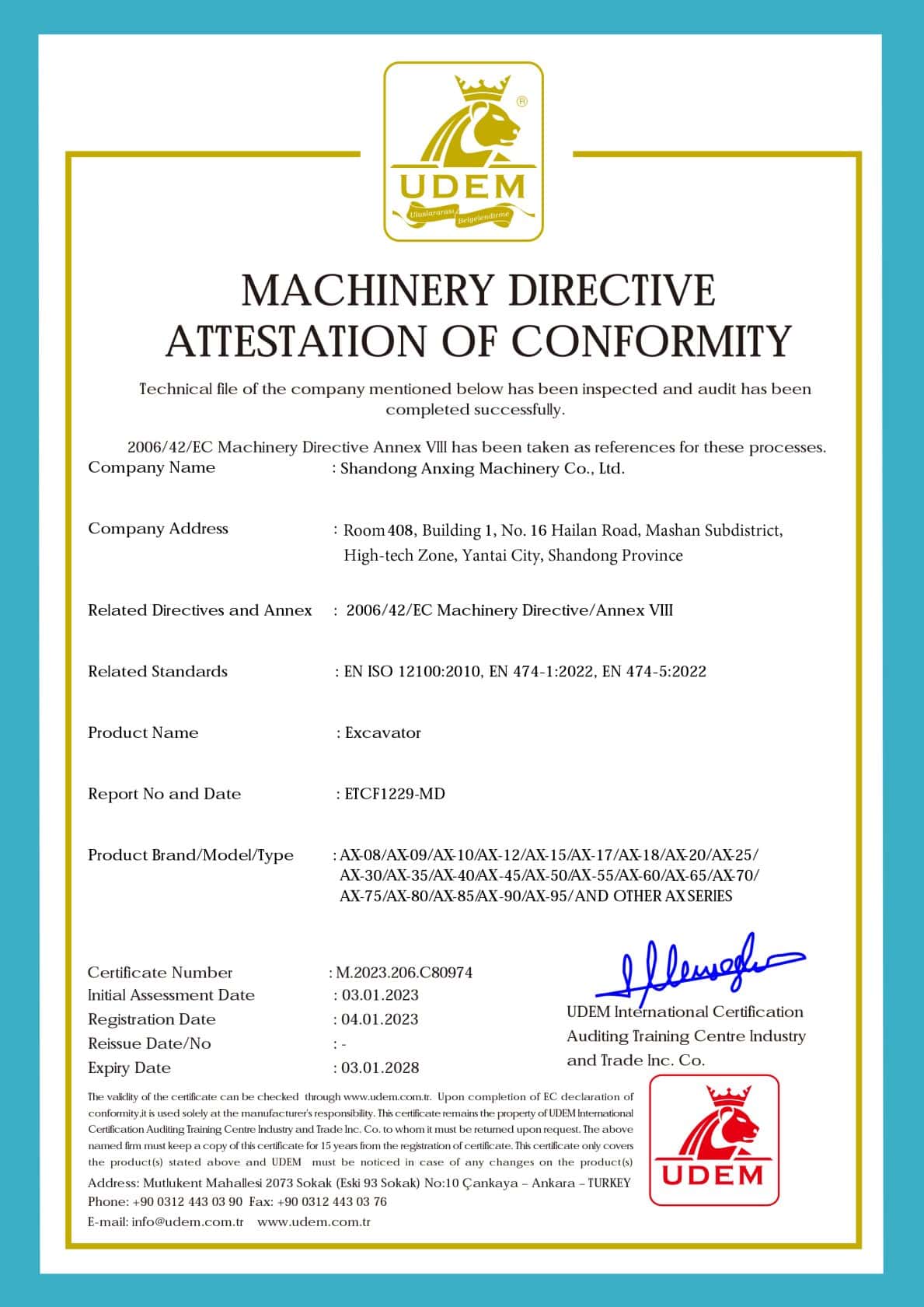 Certificado CE para miniexcavadoras