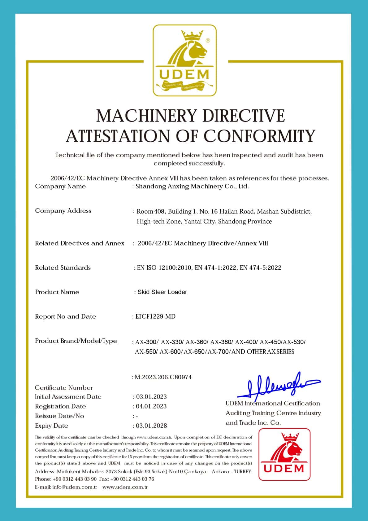 Certificado CE para cargadora compacta