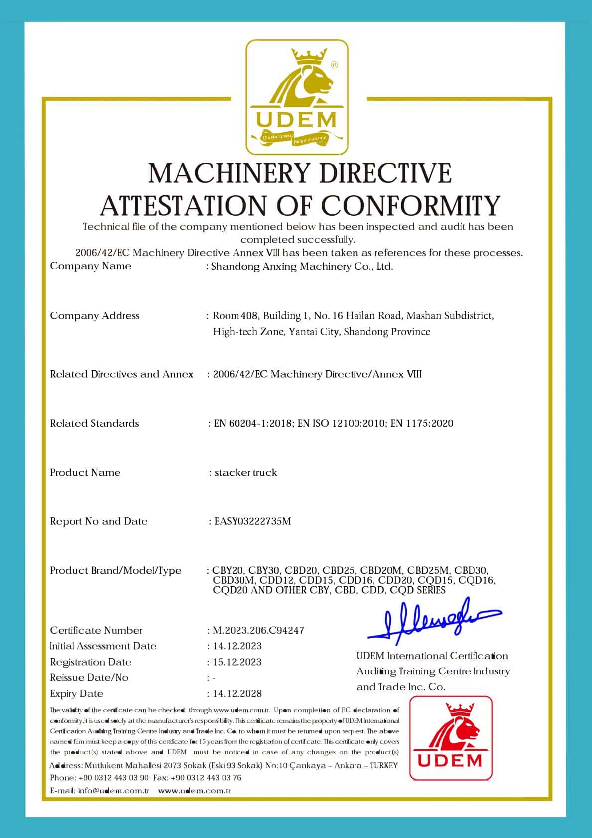 Certificado CE de Stacker